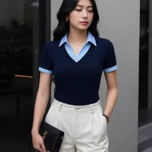 Contrast Collar V-Neck Knit Fitted Top